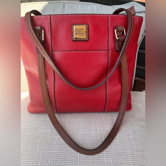 Dooney & Bourke Red Lexington Pebbled Leather Tote Bag | Brown Handles - Picture 16 of 16
